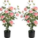 momoplant Artificial Rose Plant 25 Inch Tall Fake Silk Rose Flower Set of 2 Faux Trees with Potted for Living Room Table Kitchen Office Decor (Pink)