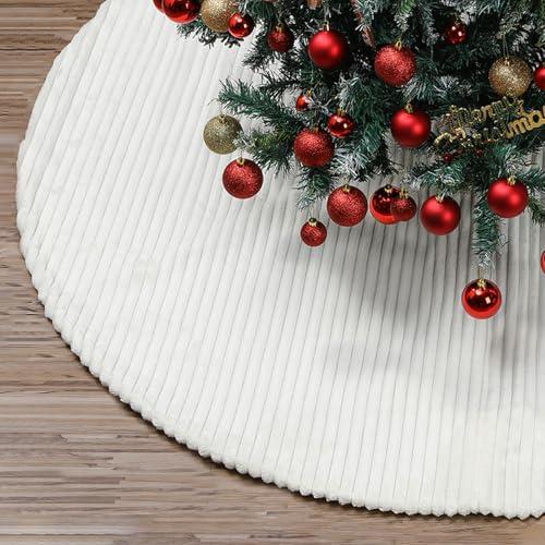 72 Inch Christmas Tree Skirt with Stripe Textured Pattern Faux Fur White Christmas Tree Skirt Soft Beige Boho Xmas Trees Decorations Luxury Faux Fur Xmas Decorations for Party Home Decor