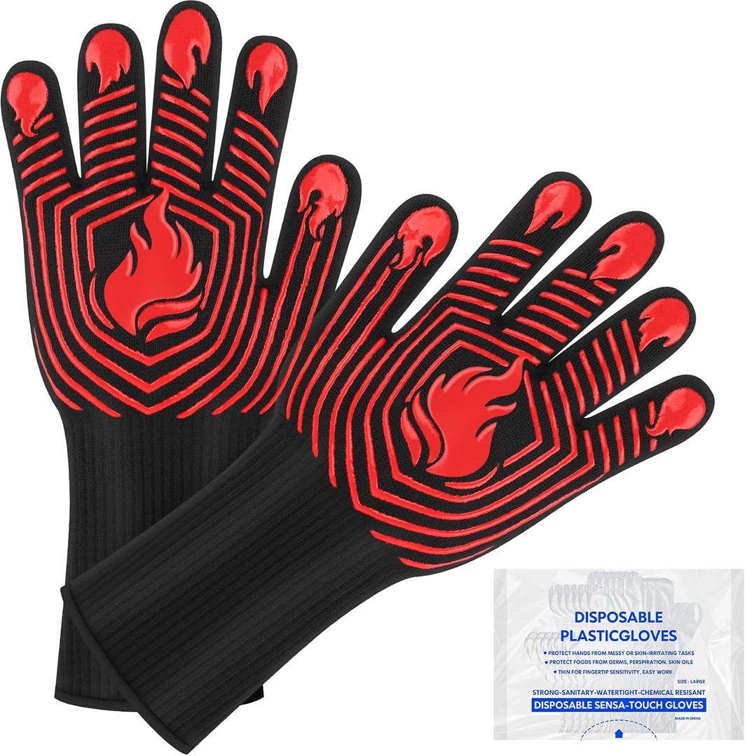 BBQ Gloves, 1472F Heat Resistant Gloves Fireproof Mitts, Grilling Gloves Silicone Non-Slip Washable Oven Glove, Kitchen Glove for Barbecue, Grilling, Cooking, Baking, Camping, Smoker (Red)