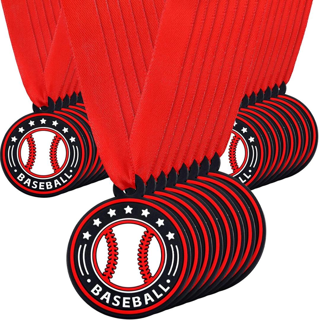 24 Pcs Sport Ball Award Medals Bulk 2 Inch Rubber Ball Medals Trophies with Ribbons for Winner or Team Participation Gift