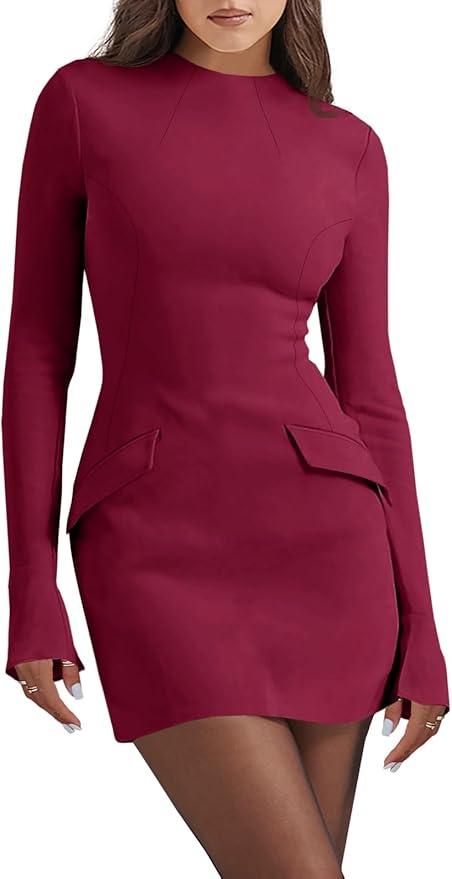 ANRABESS Women's Long Sleeve Mock Neck Sexy Bodycon Mini Dress Dressy Casual Elegant Formal Party Blazer Dresses with Pockets Burgundy X-Large ANRABESS Women's Long Sleeve Mock Neck Sexy Bodycon Mini Dress Dressy Casual Elegant Formal Party Blazer Dresses with Pockets Burgundy X-Large