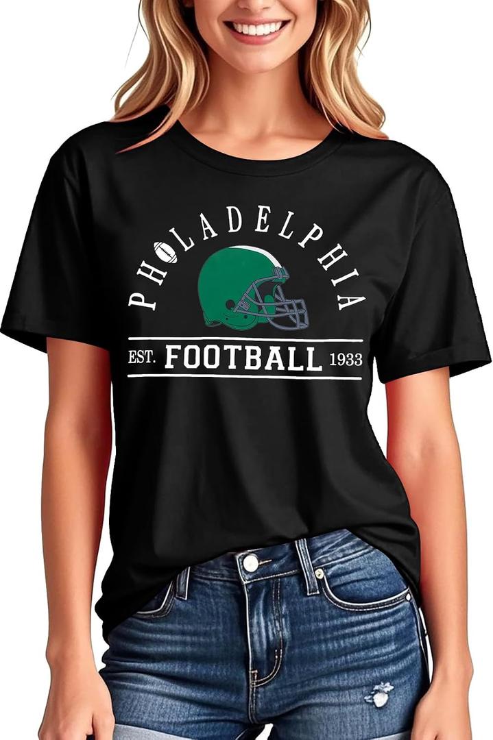 FAYALEQ Football Shirts for Women, Game Day Tshirt Football Outfits Sports Team Fan Gift Tee Shirt (Black, L)