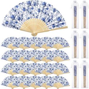 Roowest 50 Pcs Porcelain Chinoiserie Printed Hand Fan Favor Kit Folding Hand Fans Beautiful Retro Paper Fan with Organza Bag Summer Wedding Party Supplies Bridal Shower Gifts for Guests