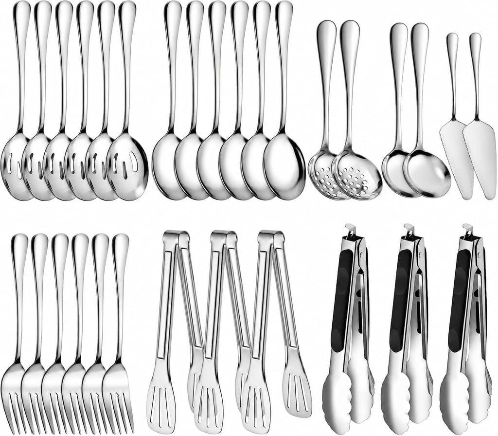 ZLMTZDJD 30 Piece Stainless Steel Serving Utensils Set - Buffet Serving Spoons Forks Tongs for BBQ, Parties, Catering, Weddings, Events - Silver