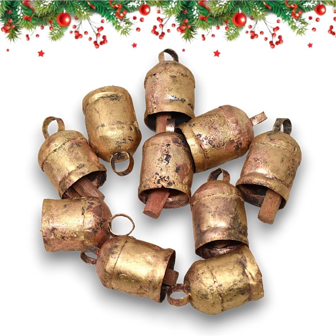 Shabby Chic Bells Style Ten DIY Small Rustic Cow Bells for Crafts Jingle Hanging Bells with Ribbon Roll for Christmas Trees
