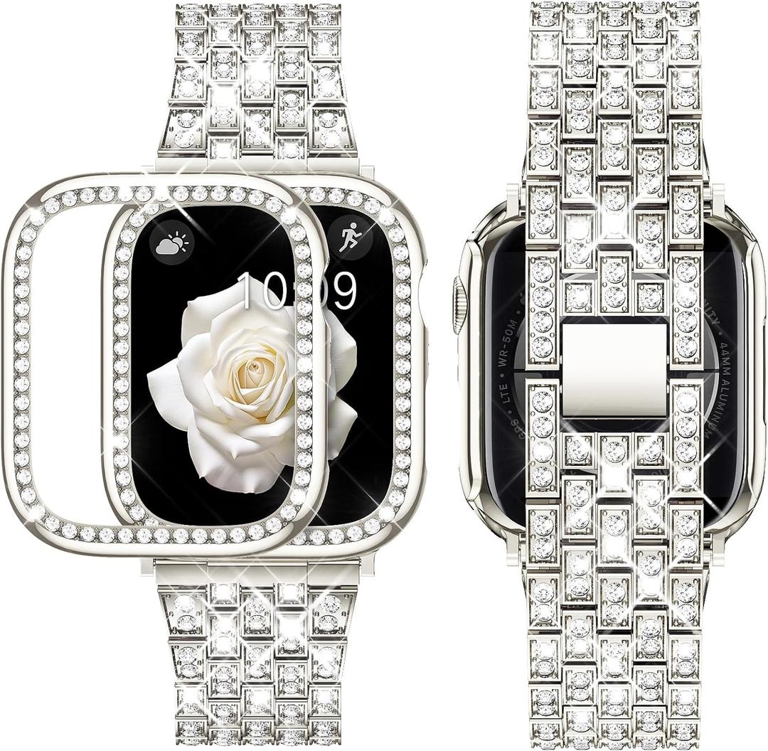 Supoix Compatible with Apple Watch Band 38/40/41/42/44/45/46/49mm+ Case, Women Jewelry Bling Diamond Rhinestone Replacement Metal Bands & 2 Pack PC Protector Case for iWatch Ultra 3/2/1 Series 11/10/9/8/7/6/5/4/3/2/1/SE