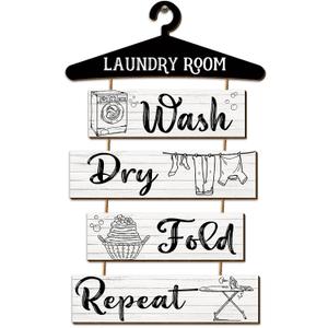 Blulu 5 Pieces Laundry Room Decor Rustic Vintage Farmhouse Room Rules Hanging Sign Wooden Wash Dry Fold Repeat Laundry Accessories for Bathroom,Home 19.7 x 11 Inch(White Backing)