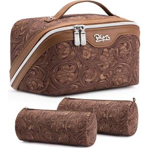 BOYATU Travel Makeup Bags Cosmetic Organizer Bag: 3 Pcs Set Large Capacity Floral Make up Bag with Compartments - Waterproof Leather Toiletry Bags with Handle for Women (19-Brown)