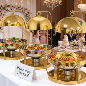 2Pack 8QT Gold Chafing Dishes for Buffet– Luxury Stainless Steel Round Chafer Set with Hanging Lid, Elegant Party Food Warmer for Weddings, Catering & Events (Gold, 8Qt*2Pack)