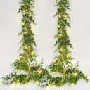 Dolicer 2 Packs Eucalyptus Garland with LED Lights String, 12Ft Faux Eucalyptus Greenery Garland, Artificial Hanging Green Eucalyptus Leaves Vine Wedding Backdrop Arch Wall Table Decor (Grey Green)