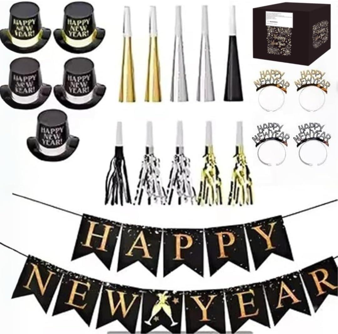 New Years Eve Party Supplies for 10, New Year Eve Celebration, Includes - 21 Pieces, 5 Top Hats, 5 Tiaras, 5 Blowing Horns, 5 Squawkers and 1 Banner
