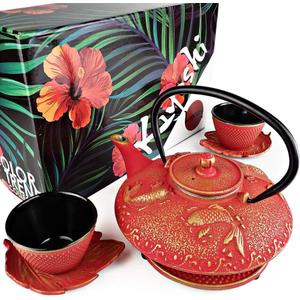 7PC Japanese Tea Set."Red Koi" Cast Iron Tea Pot with 2 Tea Cups, 2 Saucers, Tea Infuser and Teapot Trivet. Ceremonial Matcha Accessories