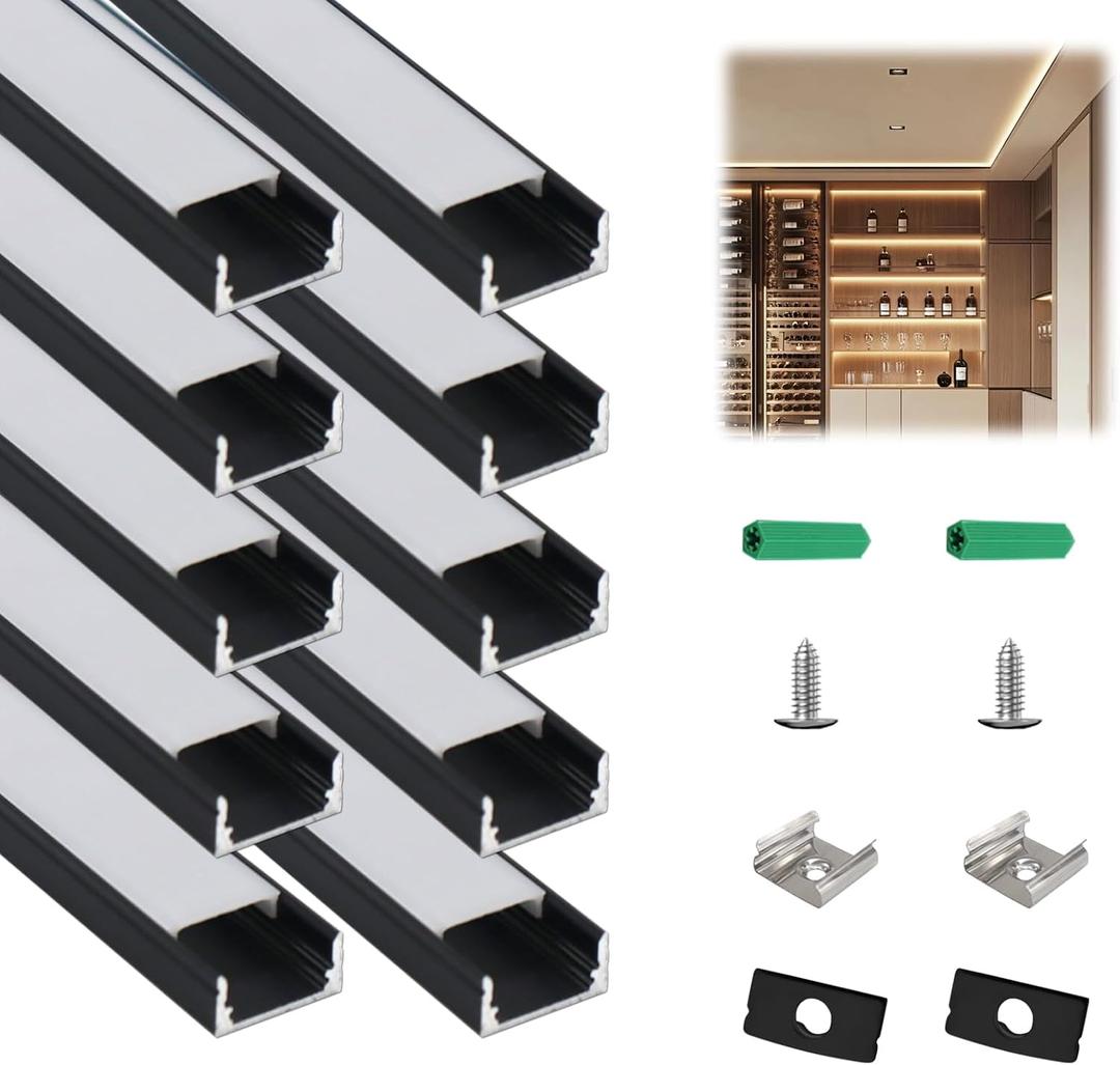 10-Pack 3.3ft/1m U-Shape LED Aluminum Channel with Milky White Cover, Black LED Strip Light Track, High Transmittance Diffuser for Under Cabinet, Shelf, Stairs, fits 12mm Wide Strips