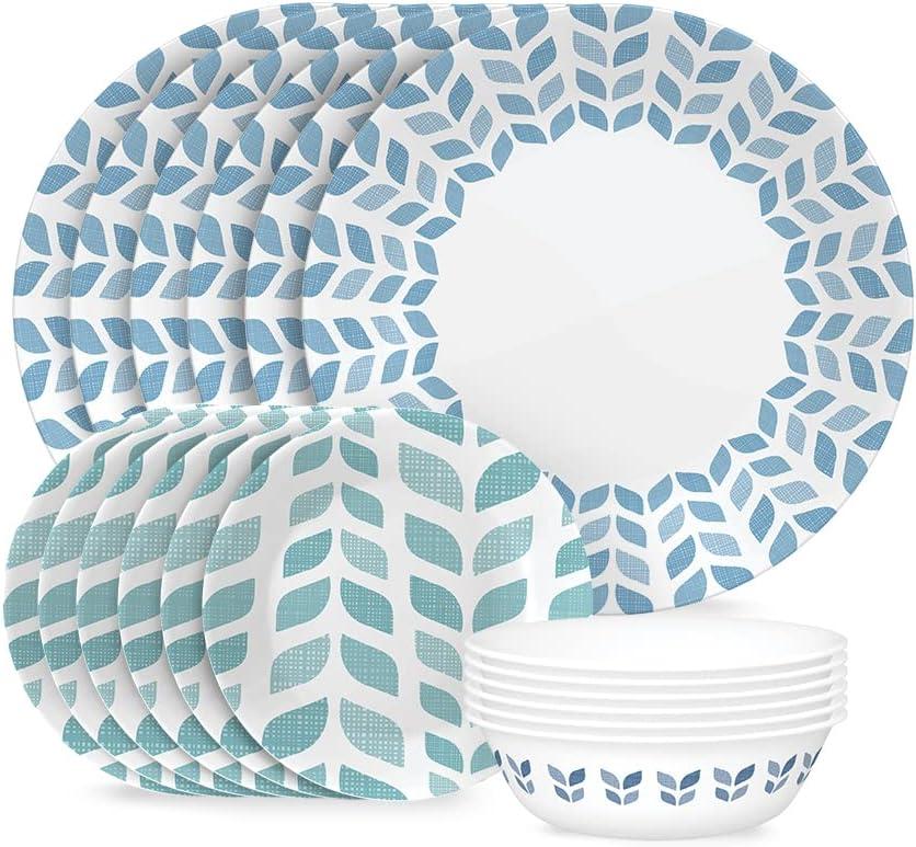 Corelle Global Collection Vitrelle 18-Piece Dinnerware Set Triple Layer Recycled Glass, Lightweight Eco-Friendly Round Plates and Bowls Set, Northern Pines
