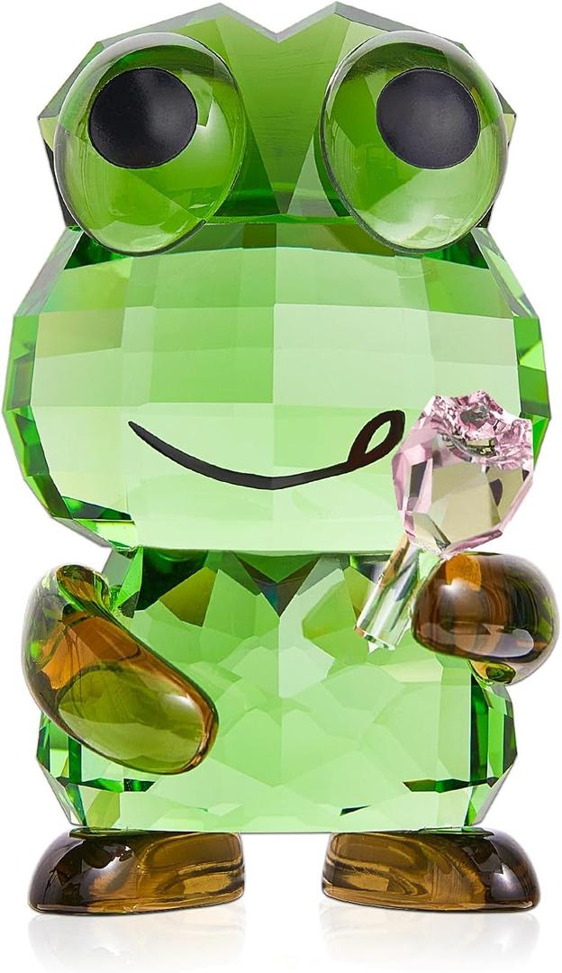 Crystal Frog Figurine - Glass Animals Desk Decor & Home Office Ornament, Collectible Art Gifts for Frog Lovers (Green Frog-pink Rose, One Size)
