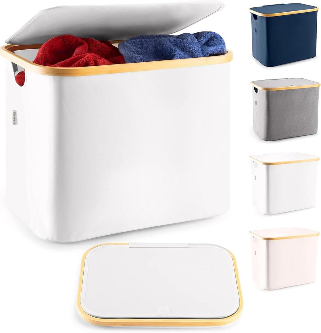 LONBET Laundry Basket with Lid, Made from Breathable Fabric | Aesthetic Clothes Hampers for Laundry with Side Handles & Sturdy Bamboo Frame (13 Gallons - Box, Light Gray)