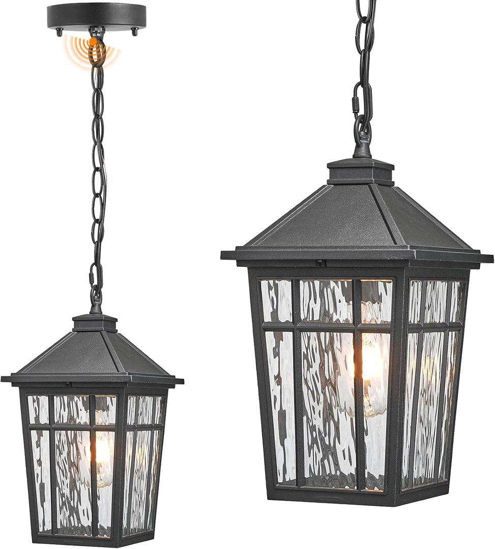 Large Outdoor Pendant Lights for Porch 15.2 Inch Dusk to Dawn Black Hanging Porch Lights Outdoor Waterproof Exterior Hanging Light Fixture with Adjustable Chain E26 Socket