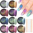 Holographic Chrome Nail Powder, 10 Colors Metallic Mirror Effect Nail Glitter Powder Laser Gold Silver Pink Blue Aurora Iridescent Manicure Pigment Dust with Brush, Nail Art Decoration