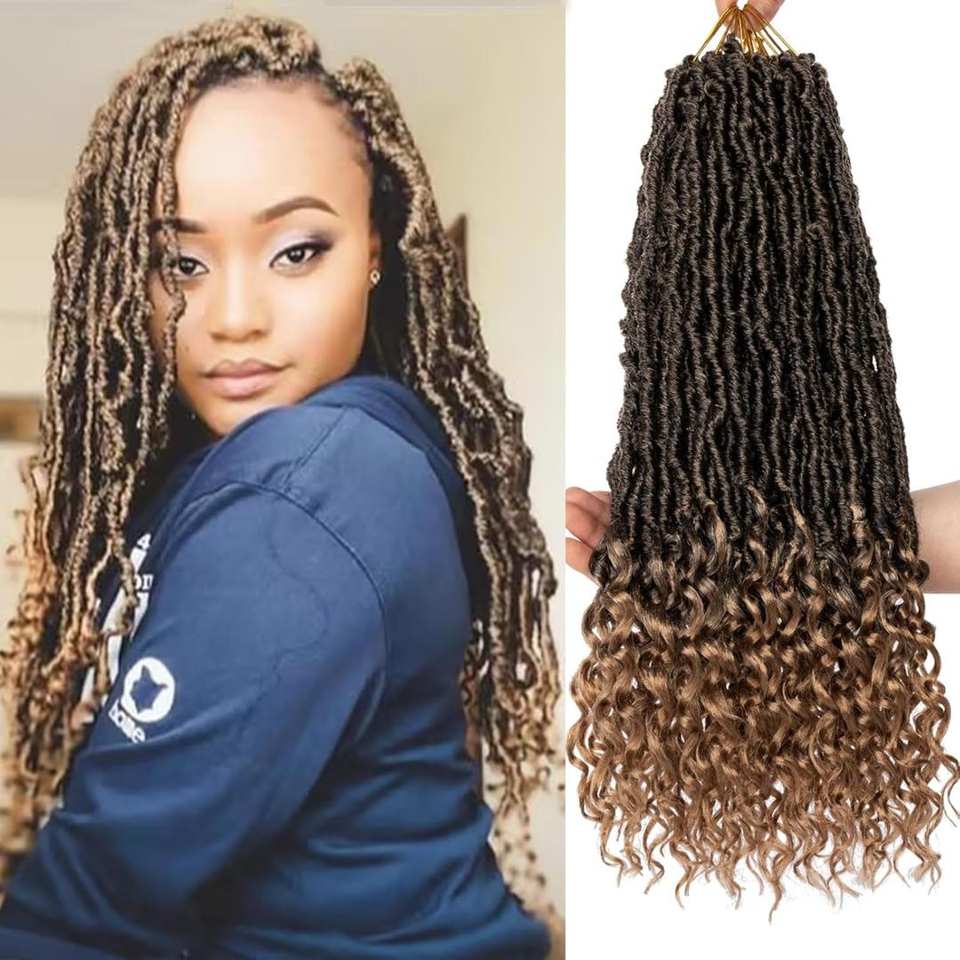 Leeven 7 Packs Goddess Locs Crochet Hair Ombre Blonde 18 Inch Long Pre-looped Bohemian Crochet Faux Locs Hair With Curly Ends 84 Strands Synthetic Soft Locs Hair Extensions for Black Women T27# (18 Inch(Pack of 7), T27#)