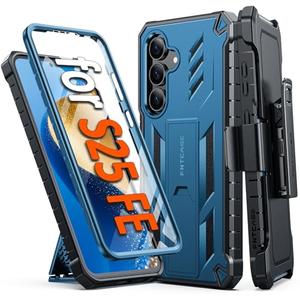 FNTCASE for Samsung Galaxy S25-FE Case: Military Grade Rugged Cell Phone Cover with Kickstand & Holster | Shockproof TPU Protection Bumper Matte Textured Design for Galaxy S25 FE Cases 6.7inch - Blue