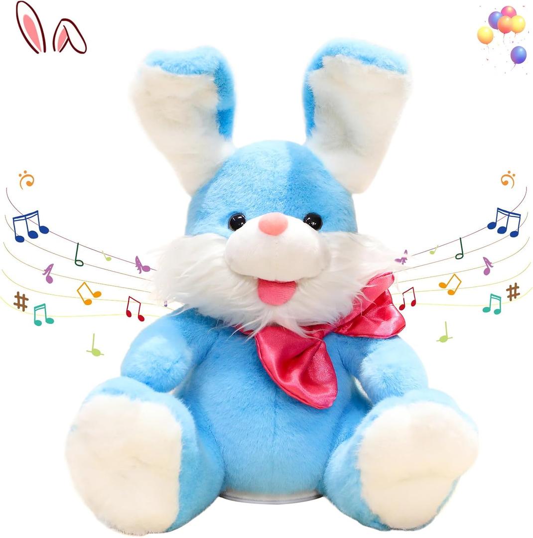 Peek-A-Boo Bunny Toy for Baby, Singing Talking Stuffed Animal with Floppy Ear, Interactive Plush Easter Bunny Repeats What You Say, Rabbit Toys Birthday Gift for Kids Girls Boys (12" Blue)