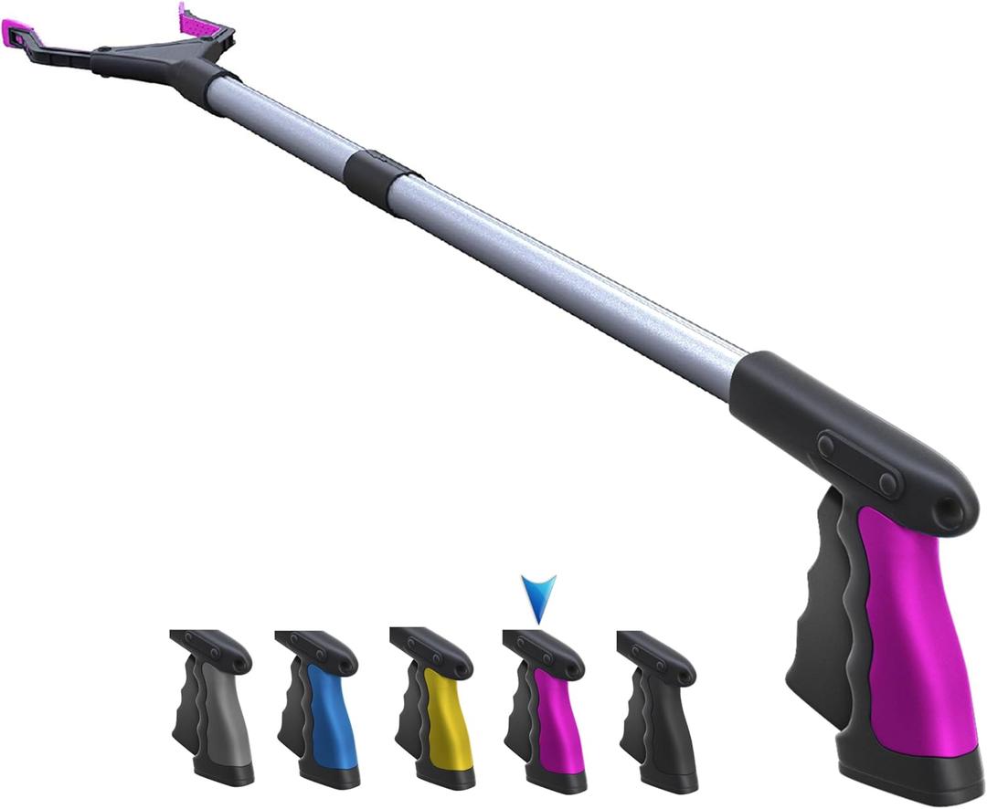 2025 Upgrade PowerGrip T9, Grabber Reacher Tool, Wide Jaw, Foldable, Steel Cable, with 96 Grip Points for Firm Grip, 32" with Magnet (Pink, 32 Inch)