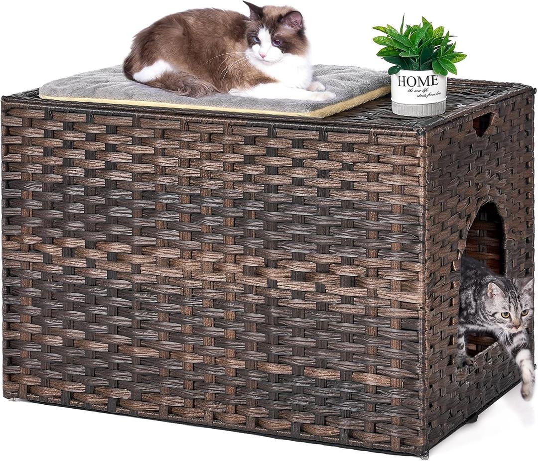 Cat Litter Box Enclosure with Litter Trapping Mat; Handwoven Plastic Rattan Kitten House; No Installation Hidden Cat Washroom; Pet Crate for Balcony,Bedroom,Living Room