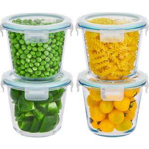 8 PCS Glass Meal Prep Containers with Lids, Airtight 3 Cup Glass Storage Containers Set, Round Deep Soup Containers with Lids for Leftover, Microwave, Dishwasher, and Freezer Safe(4 Sets) (Blue)