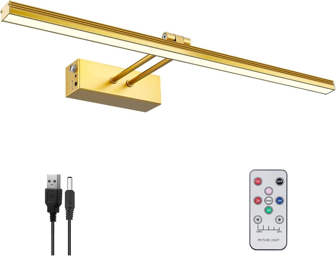 FUNCHDAY Picture Light,5000mAh Battery Operated Picture Light for Wall,Wireless Remote Painting Light with Timer and Dimmable,16Metal Art Light for Display,Artwork,Portrait,Gallery-Gold