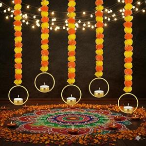 Marigold Garland for Decoration 5 Pcs Artificial Marigold Flowers, Indian Décor for Pooja, Diwali, Rangoli, Wedding, Christmas Decorations for Home (Ring, 50")