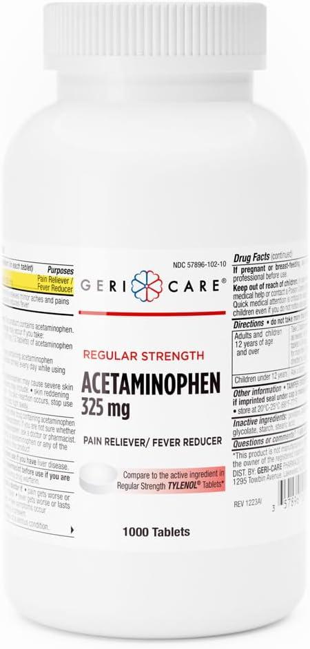 GeriCare Regular Strength Acetaminophen Pain Relief Fever Reducer Tablets, Strength 325mg Tablet | Joint, Muscle, Arthritis, Back Pain Relief 1000 Count (Pack of 1), Expiry: 2027/05