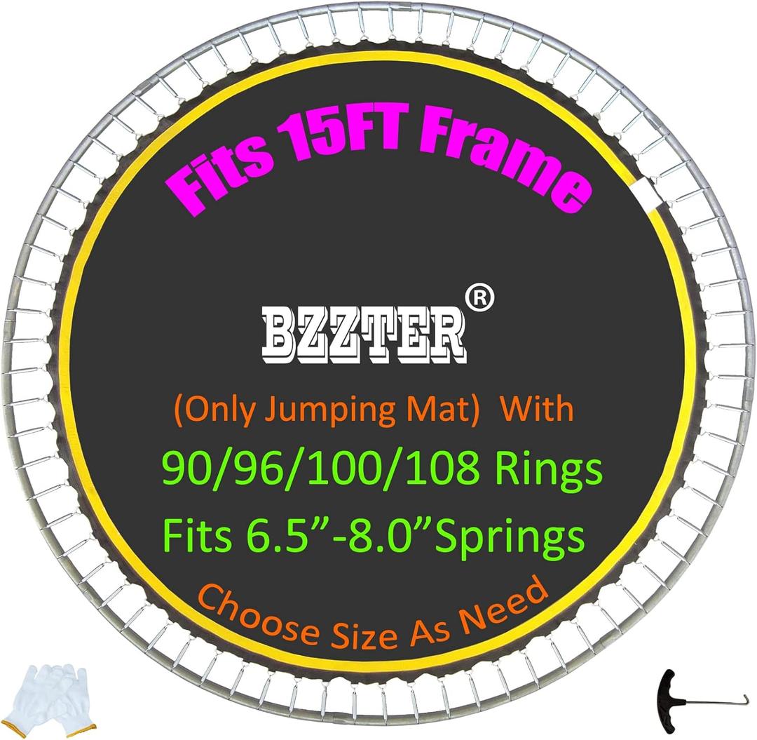 Trampoline Replacement Mat,Fits 15ft Round Frame with 90/96/100/108 Rings,Fits 5.3-8.5" Springs,Longer Lasting with 10 Rows of Stitches,w/Pull Hook and Gloves,13ft-13.4ft Trampoline Mat (Fits 15FT Diameter Frame)