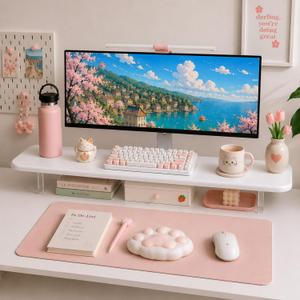 Bamboo Monitor Riser, Wide Desktop Monitor Stand for Desk with Clear Acrylic Legs, 31.5 x 8 inch Bamboo Wood Shelf, Fit Keyboard, Home Office Workspace Accessories, Study Stationaries Storage (White)