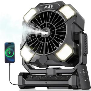 BLBS Camping Misting Fan, 24000mAh Rechargeable Battery Powered, 80H Runtime, 300ml Water Tank, LED Light & Hook, Portable Outdoor Fan for Camping Travel, Black, Medium