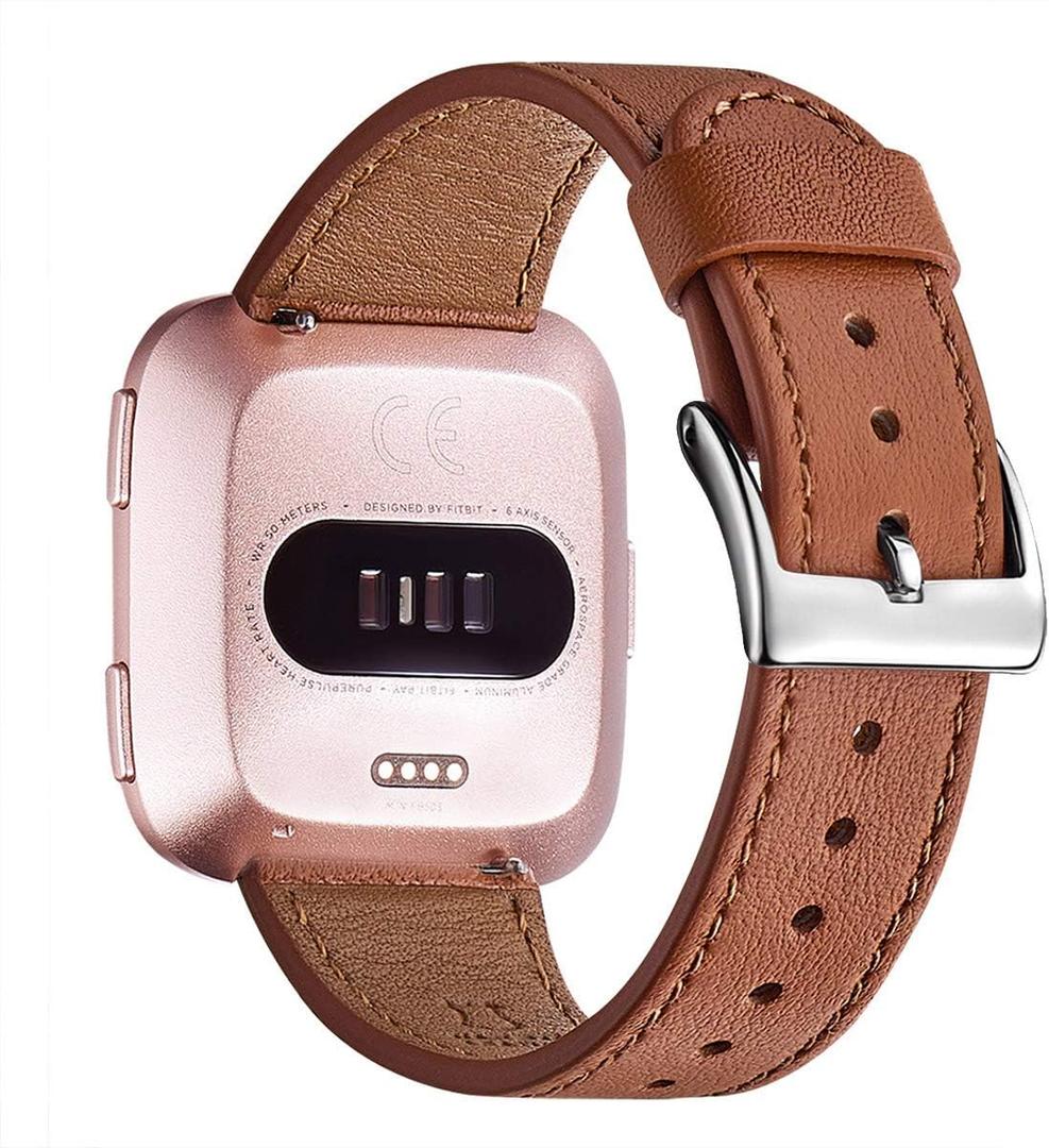 WFEAGL Leather Band for Fitbit Versa - Top Grain Leather Replacement Strap (Brown + Silver Buckle)
