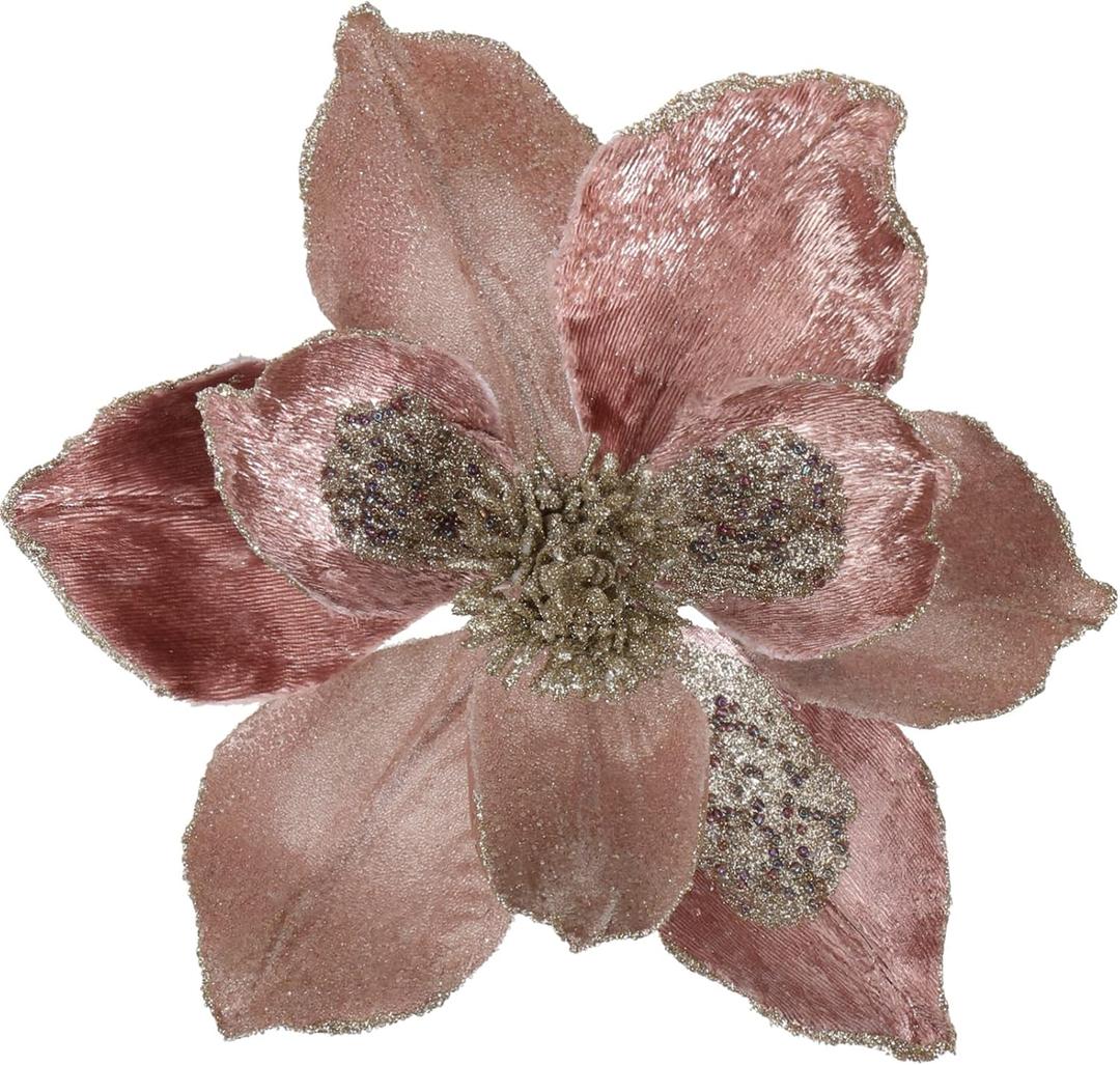 Briful 10 Large Heads Christmas Glitter Magnolia Flowers Christmas Tree Ornaments Set of 3 Artificial Flowers with Picks Stems for Xmas Tree Holiday Decorations, Rose Gold