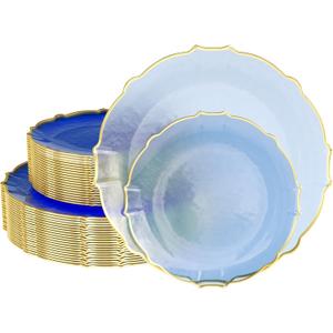 Exquisite Plastic Plates for Party 40 Piece Fancy Plastic Dinner Plates For 20 Guests 20 X 7.5 Dessert Plates & 20 X 10 Thin Delicate Disposable Dinnerware Charger Plate Spring Lake Gold Rim