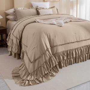 Masaca Oversized King Comforter 120x120,3 Pieces Farmhouse Ruffle Bedding Comforter,Light Taupe Shabby Boho Chic Oversized Comforter King Size,Lightweight Soft Microfiber Cal King Bedding Set