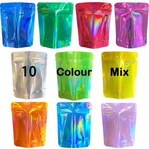 100 Pack Premium Smell Proof Mylar Bags, 10 Colors Mixed Resealable Food Storage Bags with Double-sided printing, 4.7" x 3.5" Aluminum Foil Stand-up Packaging Bags. (Holographic-S)