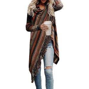 Women's Open Front Knited Tassels Slash Loose Cardigan Crew Neck Speckled Fringe Sweater Outwear (Medium)