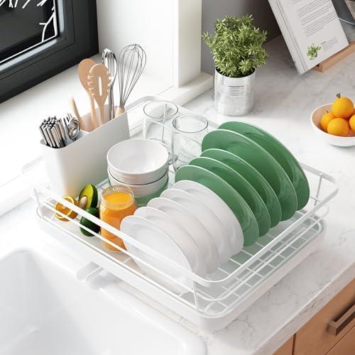 Kitsure Dish Drying Rack for Kitchen Counter, Stainless Steel Sink Organization and Storage Essentials with Cutlery Holder, Home and Appartment Decor, 12''W x 15.5''L, White