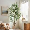 6FT Artificial Olive Tree with Realistic Leaves & Natural Trunk, Faux Silk Olive Plant in White Planter, Tall Fake Tree for Modern Home Office Living Room Entryway Corner Decor, Maintenance Free
