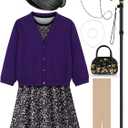 Old Lady Costume for Kids 100 Days of School Costume for Girls 100th Day of School Granny Old Lady Dress Up Accessory (8-10Years, Purple)