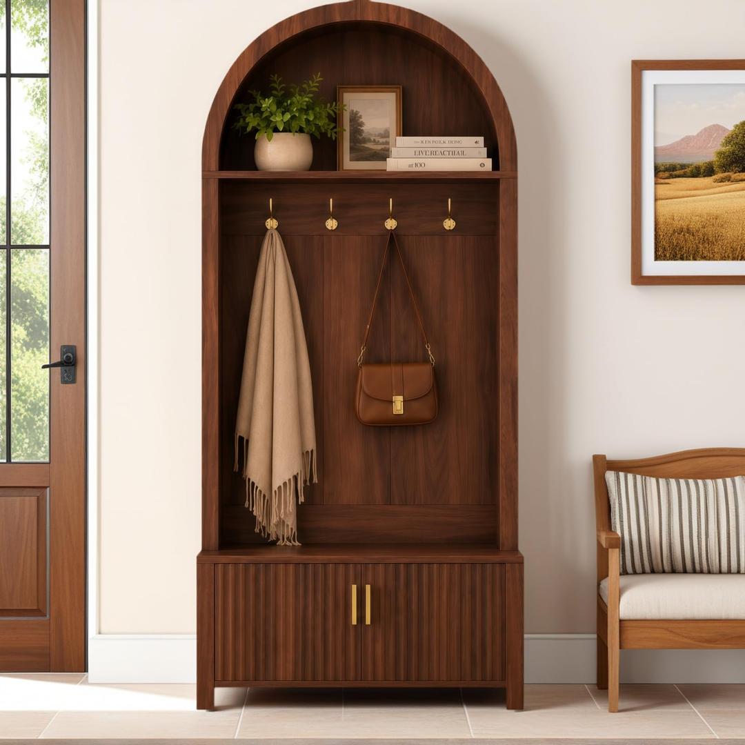 ComeWay 70.3" Arched Top Hall Tree with Storage and Mudroom Bench, Walnut