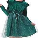 Toddler Girl Tutu Dress Long Sleeve Star Sequin Bowknot Velvet Party Tulle Dresses Princess Birthday (5-6 Years, Dark Green)