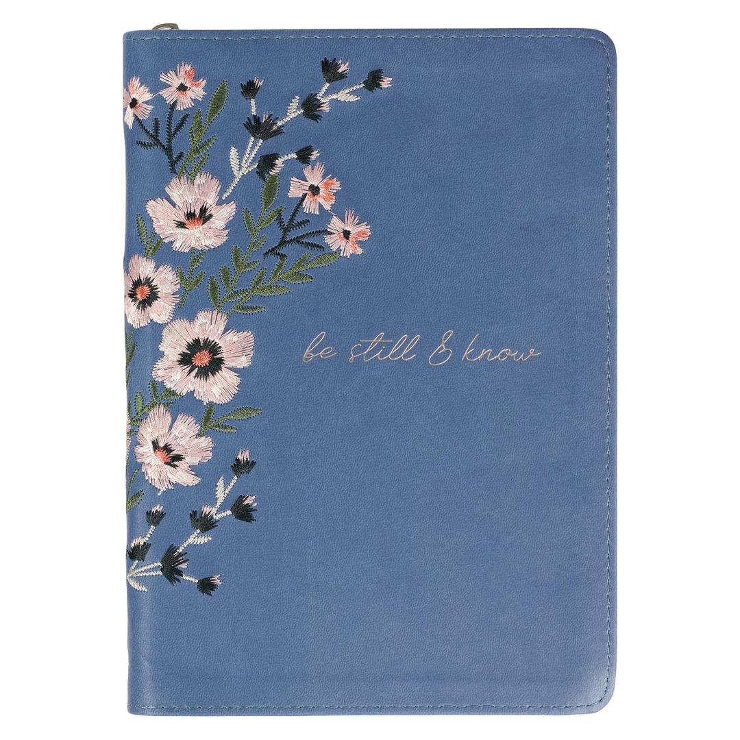 Classic Faux Leather Journal Be Still & Know Psalm 46:10 Blue Floral Embroidered Inspirational Notebook, Lined Pages w/Scripture, Ribbon Marker, Zipper Closure