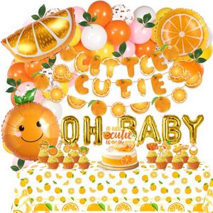 Little Cutie Baby Shower Decorations, Orange Theme Baby Shower Party Supplies, with Orange Balloons, Cupcake Toppers, Tablecloth