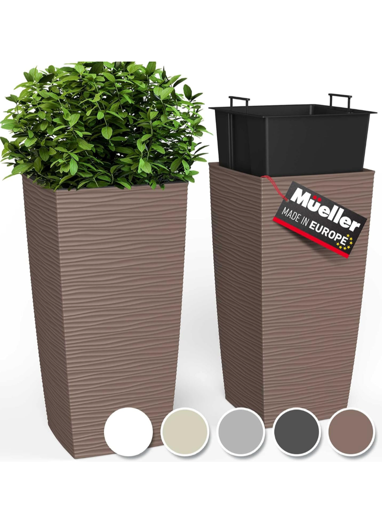 Mueller M-Resin Heavy Duty Tall Planter, Indoor/Outdoor Grande Plant, Tree, Flower Pot, 2-Piece Set, 18”, Modern Design, Built-in Drainage, Mocha