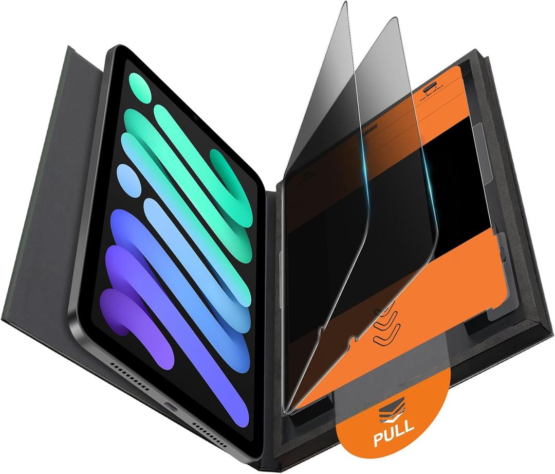 OMOTON 2 Pack Privacy Screen Protector for iPad Mini 7 A17 Pro 7th Generation Mini 6 6th Gen (8.3-inch, 2024/2021), Anti-Spy Tempered Glass with Installation Tray, Case Friendly/Apple Pencil Support (Black)