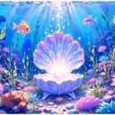 7x5FT Mermaid Backdrop Under The Sea Party Decorations, Underwater Ocean Scene with Giant Shell & Pearl, Coral Reef Fish Aquarium Background for Photography Kids Birthday Baby Shower